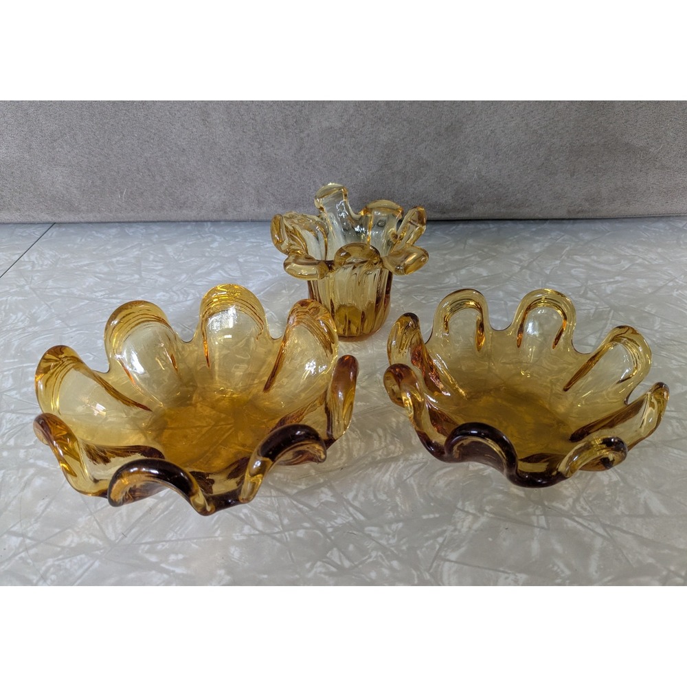 Vintage Murano Mid Century Amber Art Glass Set‎ Fazzoletto Pulled Trinket MCM